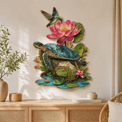 Sea Turtle Lotus Metal Wall Art, 2D Aluminum Ocean Decor, Tropical Turtle Sign, Hummingbird Coastal Wall Art, Beach House Gift, 4 Designs