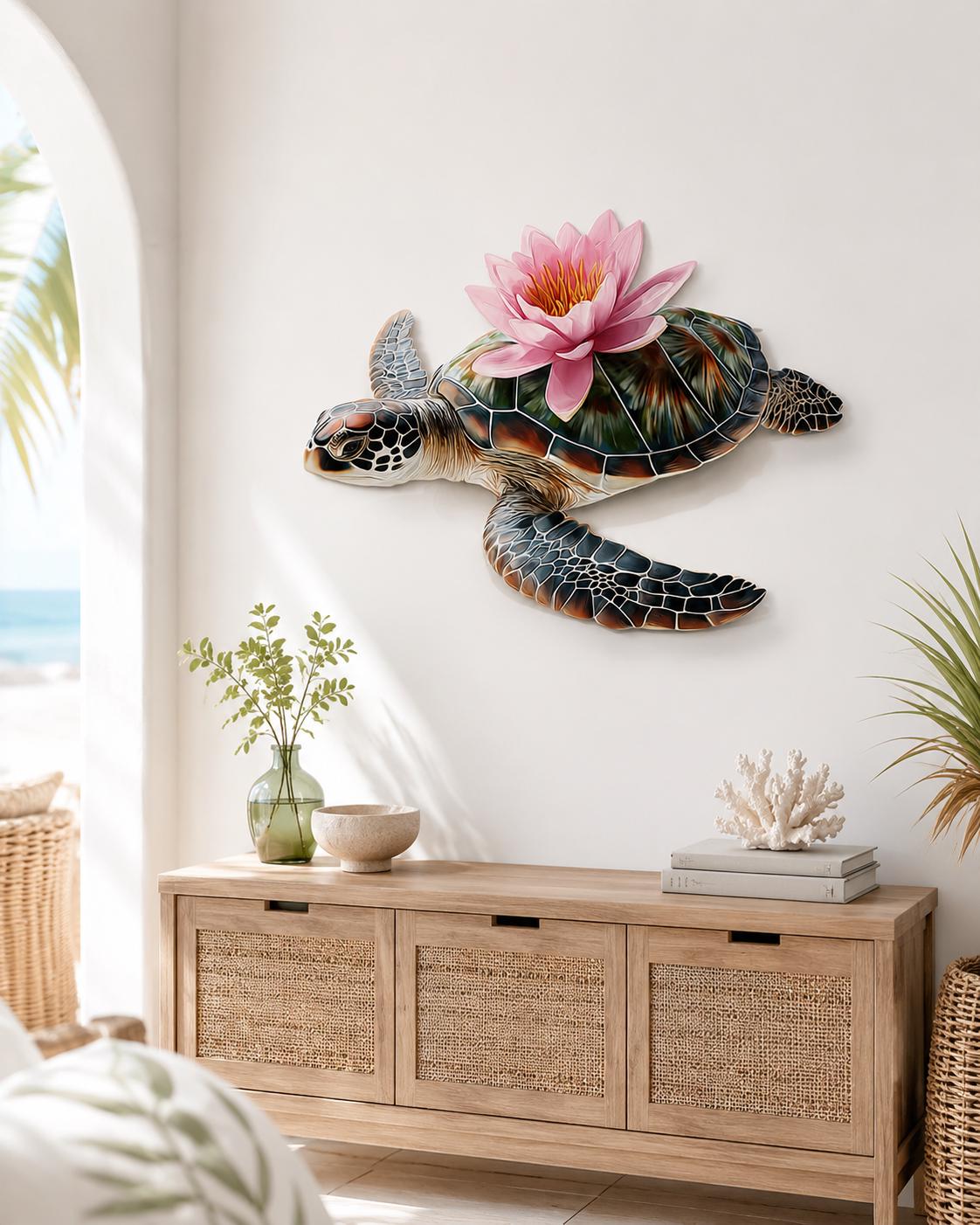 Sea Turtle Lotus Metal Wall Art, 2D Aluminum Ocean Decor, Tropical Turtle Sign, Hummingbird Coastal Wall Art, Beach House Gift, 4 Designs