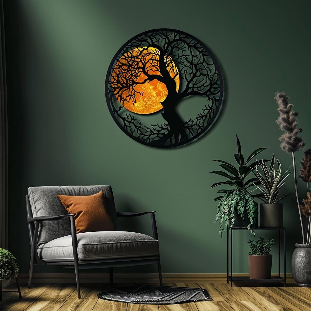 Round Tree Moon Metal Wall Art Nature Inspired Circular Tree of Life Wall Decor Modern Boho Rustic Living Room Bedroom Outdoor Garden Gift