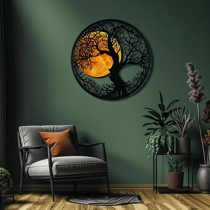 Round Tree Moon Metal Wall Art Nature Inspired Circular Tree of Life Wall Decor Modern Boho Rustic Living Room Bedroom Outdoor Garden Gift