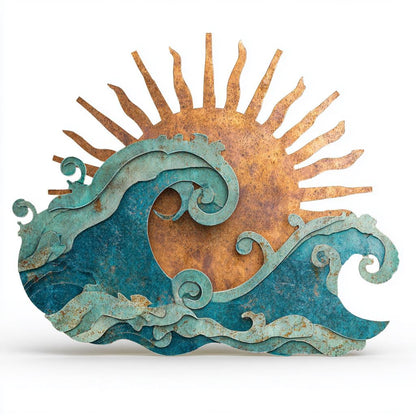 Ocean Wave Sun Metal Wall Art, Coastal Beach House Decor, Nautical Sunrise Sign, Rustic Sea Wall Decor, 4 Designs for Patio Home Art Gift