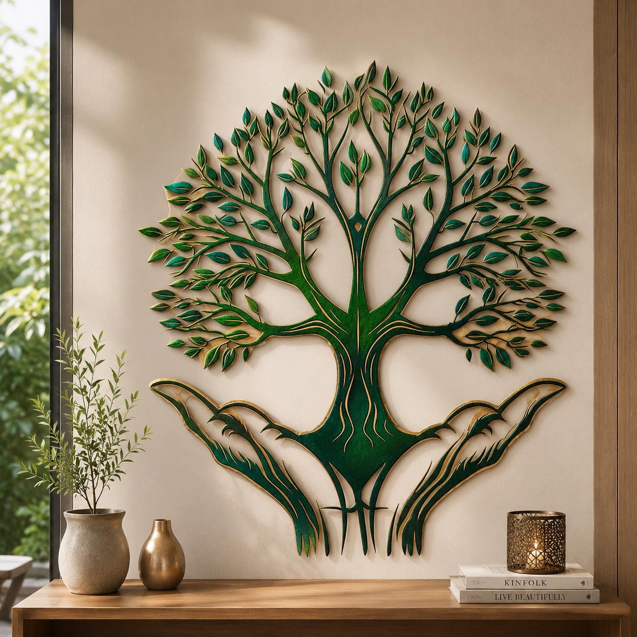 Tree of Life Metal Wall Art, Hands Holding Tree Wall Decor, Spiritual Nature Wall Hanging, Teal Copper Home Decor, Gift Idea