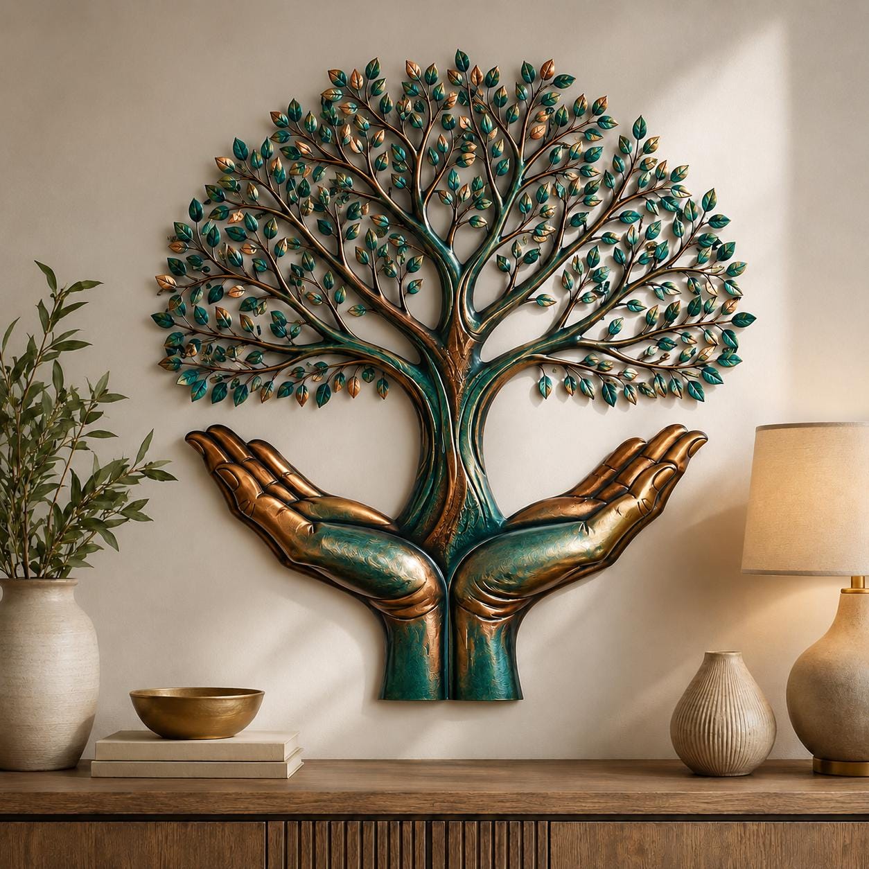 Tree of Life Metal Wall Art, Hands Holding Tree Wall Decor, Spiritual Nature Wall Hanging, Teal Copper Home Decor, Gift Idea