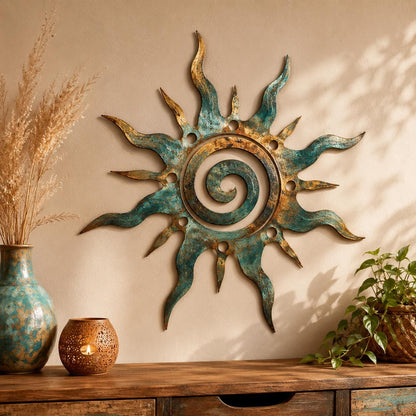 Sun Metal Wall Art, Boho Celestial Sun Decor, Turquoise Gold Sunburst Wall Hanging, Rustic Patio Garden Decor, 4 Style Options