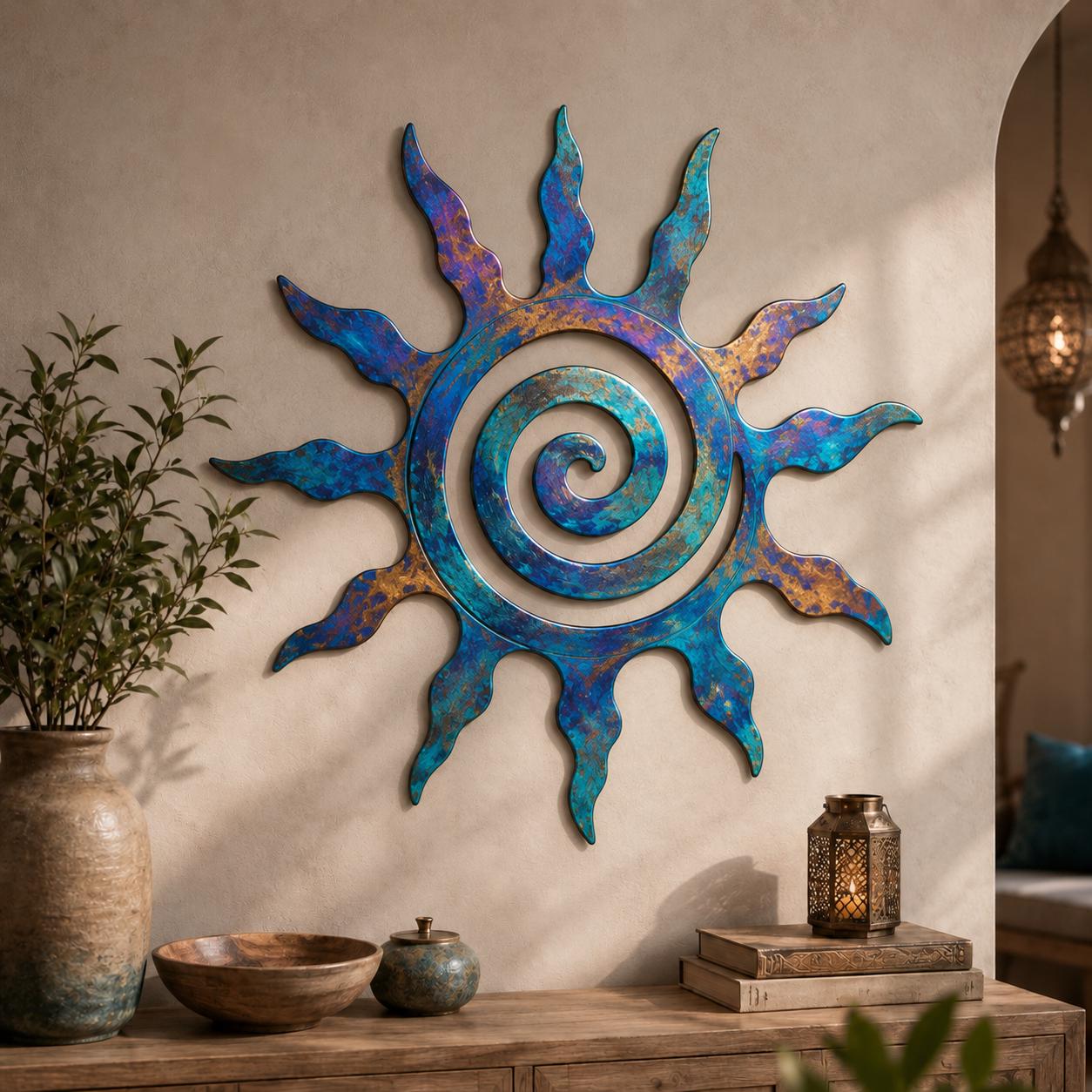 Sun Metal Wall Art, Boho Celestial Sun Decor, Turquoise Gold Sunburst Wall Hanging, Rustic Patio Garden Decor, 4 Style Options
