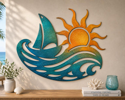 Sunrise Ocean Metal Wall Art, Coastal Wave Decor, Beach House Wall Sign, Nautical Sun Wall Art, 4 Designs for Patio Ocean Lover Gift