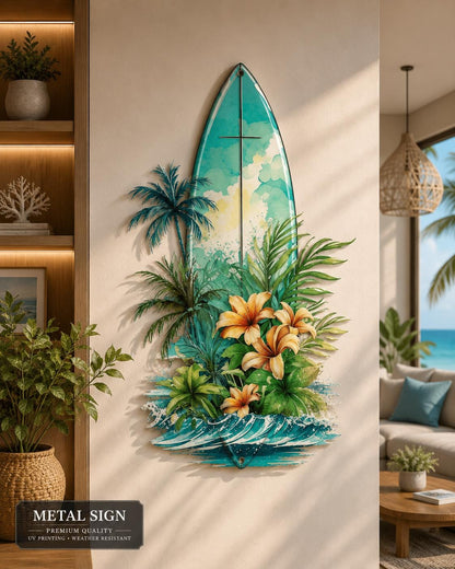 Surfboard Metal Wall Art, Tropical Beach House Decor, Coastal Surf Sign, Palm Tree Ocean Decor, Hawaii Wall Art, 3 Designs for Home Gift