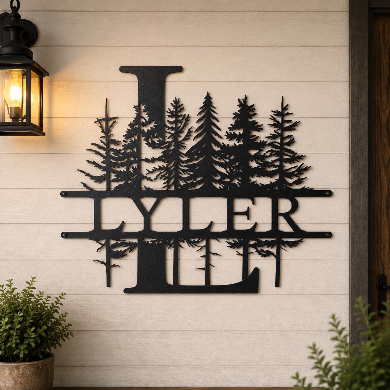 Custom Family Name Metal Sign, Personalized Monogram Wall Art, Pine Forest Last Name Sign, Cabin Lodge Decor, Housewarming Gift for Home