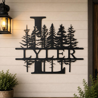Custom Family Name Metal Sign, Personalized Monogram Wall Art, Pine Forest Last Name Sign, Cabin Lodge Decor, Housewarming Gift for Home