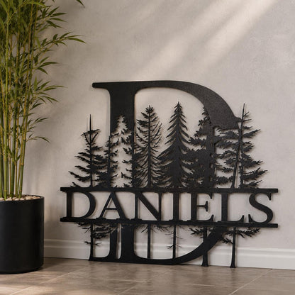 Custom Family Name Metal Sign, Personalized Monogram Wall Art, Pine Forest Last Name Sign, Cabin Lodge Decor, Housewarming Gift for Home