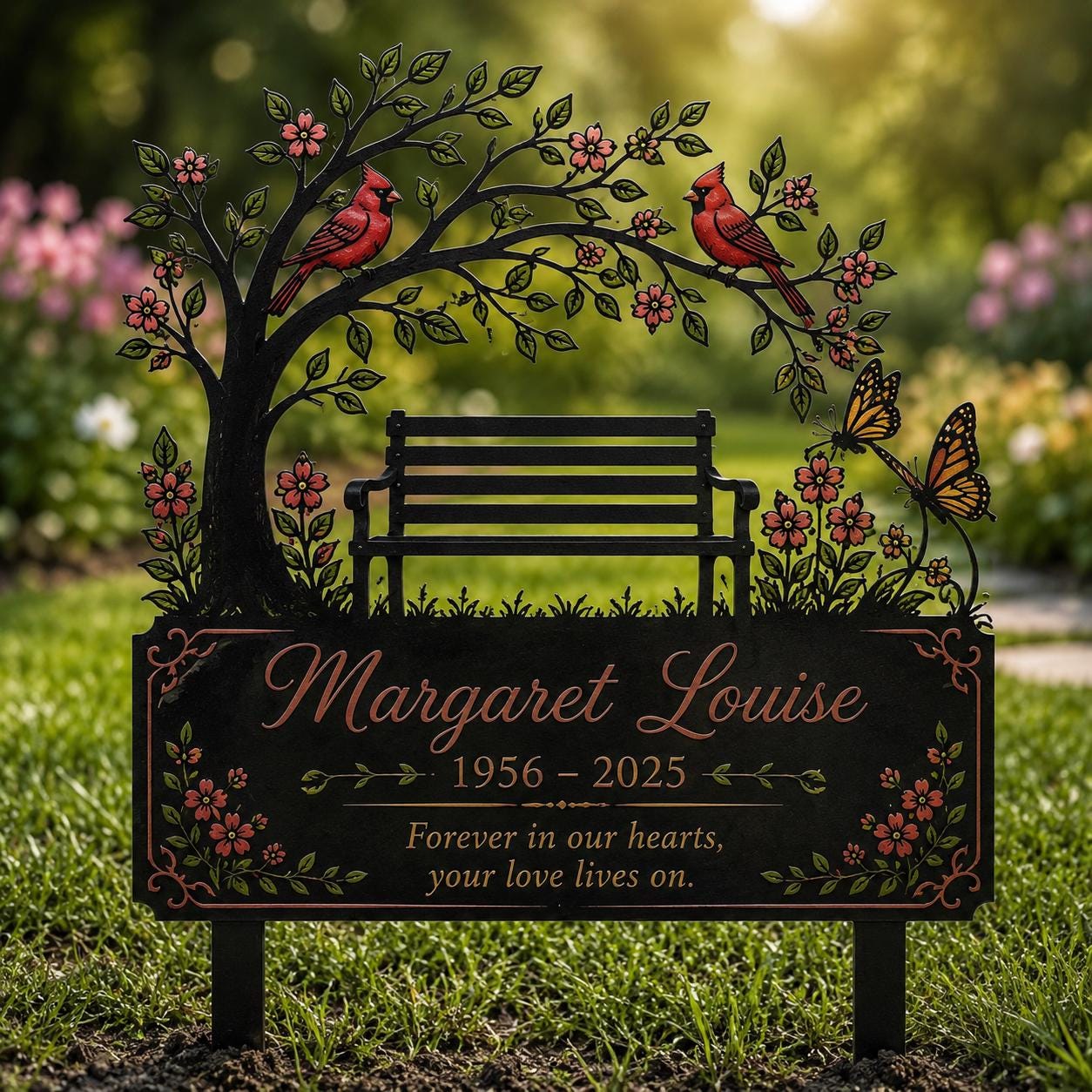Personalized Memorial Garden Sign, Cardinal Bench Metal Stake, Custom In Memory Plaque, Remembrance Gift, Sympathy Yard Decor for Loved One