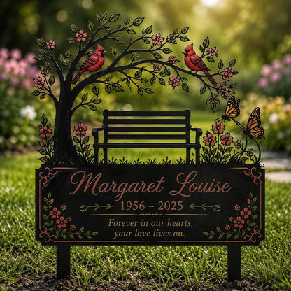 Personalized Memorial Garden Sign, Cardinal Bench Metal Stake, Custom In Memory Plaque, Remembrance Gift, Sympathy Yard Decor for Loved One