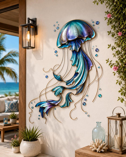 Jellyfish Metal Wall Art Colorful Ocean Decor Modern Coastal Wall Sculpture Nautical Home Hanging Wall Art Gift for Living Room Bedroom