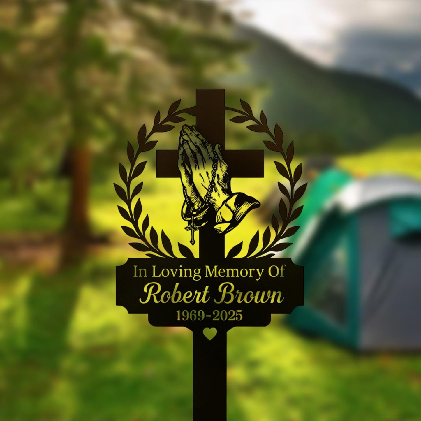 Personalized Praying Hands Memorial Cross Sign, Custom In Loving Memory Metal Stake, Christian Garden Plaque, Sympathy Gift for Loved One