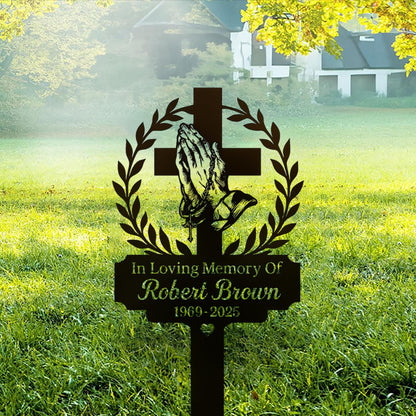 Personalized Praying Hands Memorial Cross Sign, Custom In Loving Memory Metal Stake, Christian Garden Plaque, Sympathy Gift for Loved One