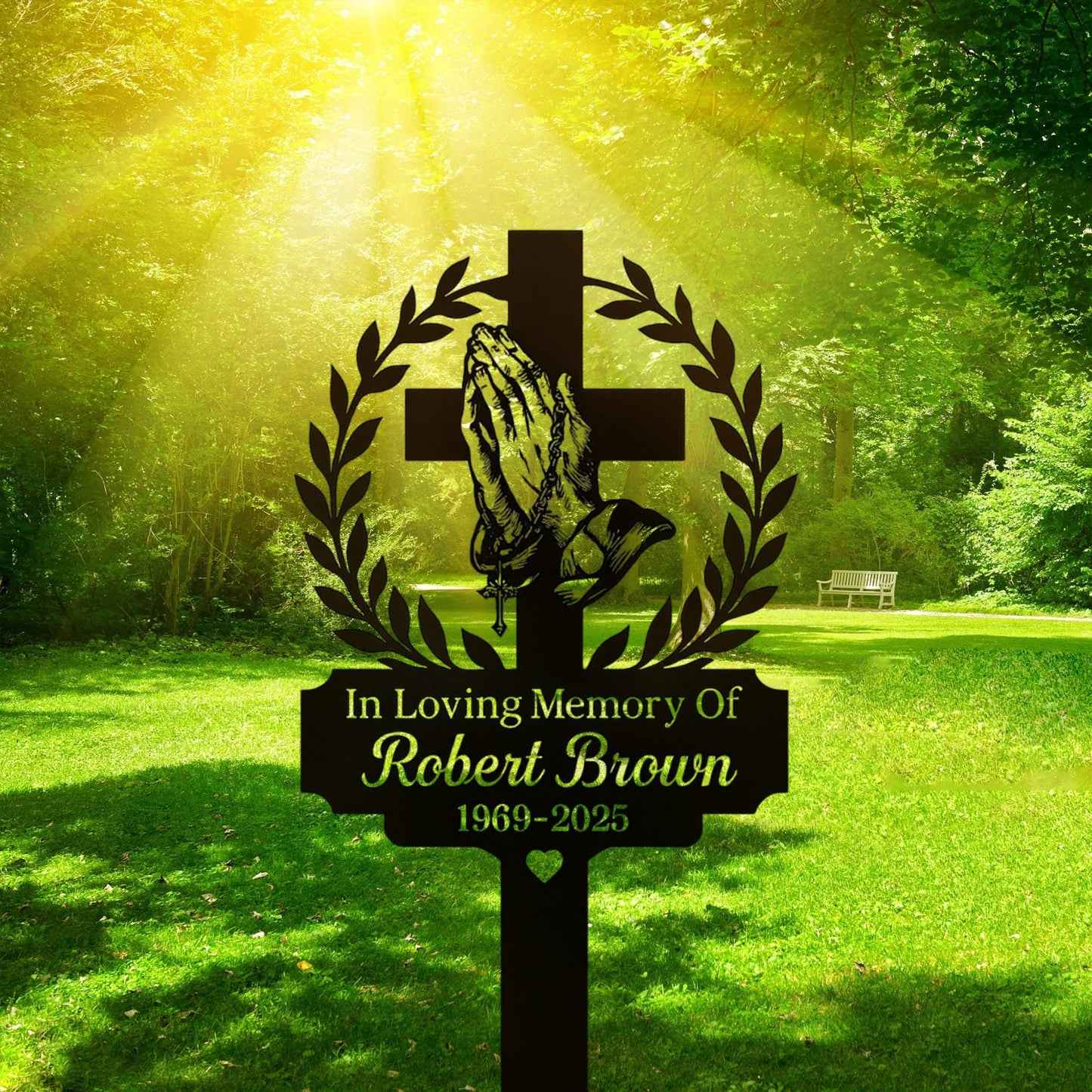 Personalized Praying Hands Memorial Cross Sign, Custom In Loving Memory Metal Stake, Christian Garden Plaque, Sympathy Gift for Loved One