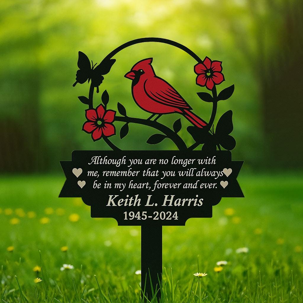 Personalized Cardinal Memorial Garden Sign, Custom In Loving Memory Metal Stake, Red Bird Sympathy Plaque, Remembrance Gift for Loved One