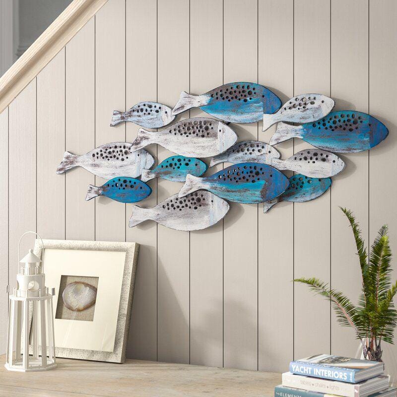 Metal Fish Wall Art Ocean School of Fish Wall Decor Coastal Nautical Wall Sculpture Modern Beach House Home Decoration Gift