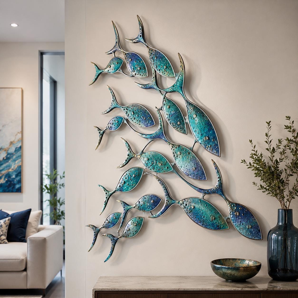 Metal Fish Wall Art Ocean School of Fish Wall Decor Coastal Nautical Wall Sculpture Modern Beach House Home Decoration Gift