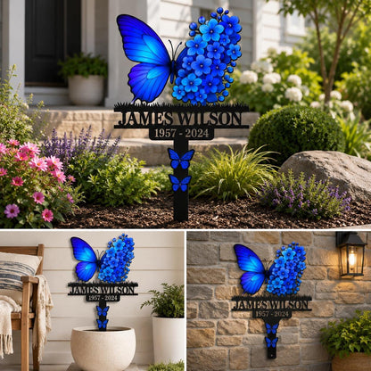 Personalized Butterfly Memorial Garden Sign, Custom Name Metal Stake, Blue Flower Remembrance Plaque, Sympathy Gift for Loved One Decor