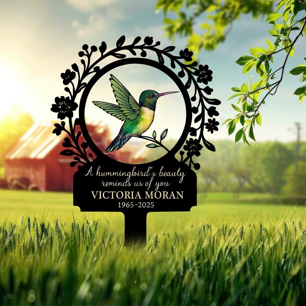 Personalized Hummingbird Memorial Garden Sign, Custom In Loving Memory Metal Stake, Floral Sympathy Plaque, Remembrance Gift for Loved One