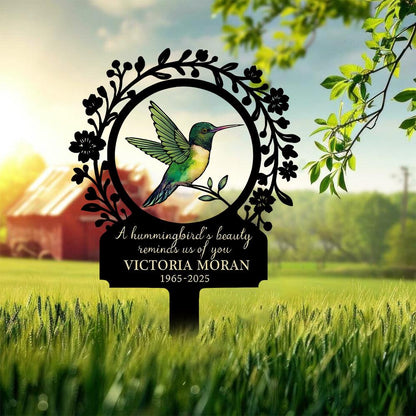 Personalized Hummingbird Memorial Garden Sign, Custom In Loving Memory Metal Stake, Floral Sympathy Plaque, Remembrance Gift for Loved One