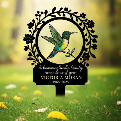 Personalized Hummingbird Memorial Garden Sign, Custom In Loving Memory Metal Stake, Floral Sympathy Plaque, Remembrance Gift for Loved One