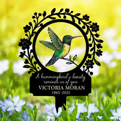 Personalized Hummingbird Memorial Garden Sign, Custom In Loving Memory Metal Stake, Floral Sympathy Plaque, Remembrance Gift for Loved One