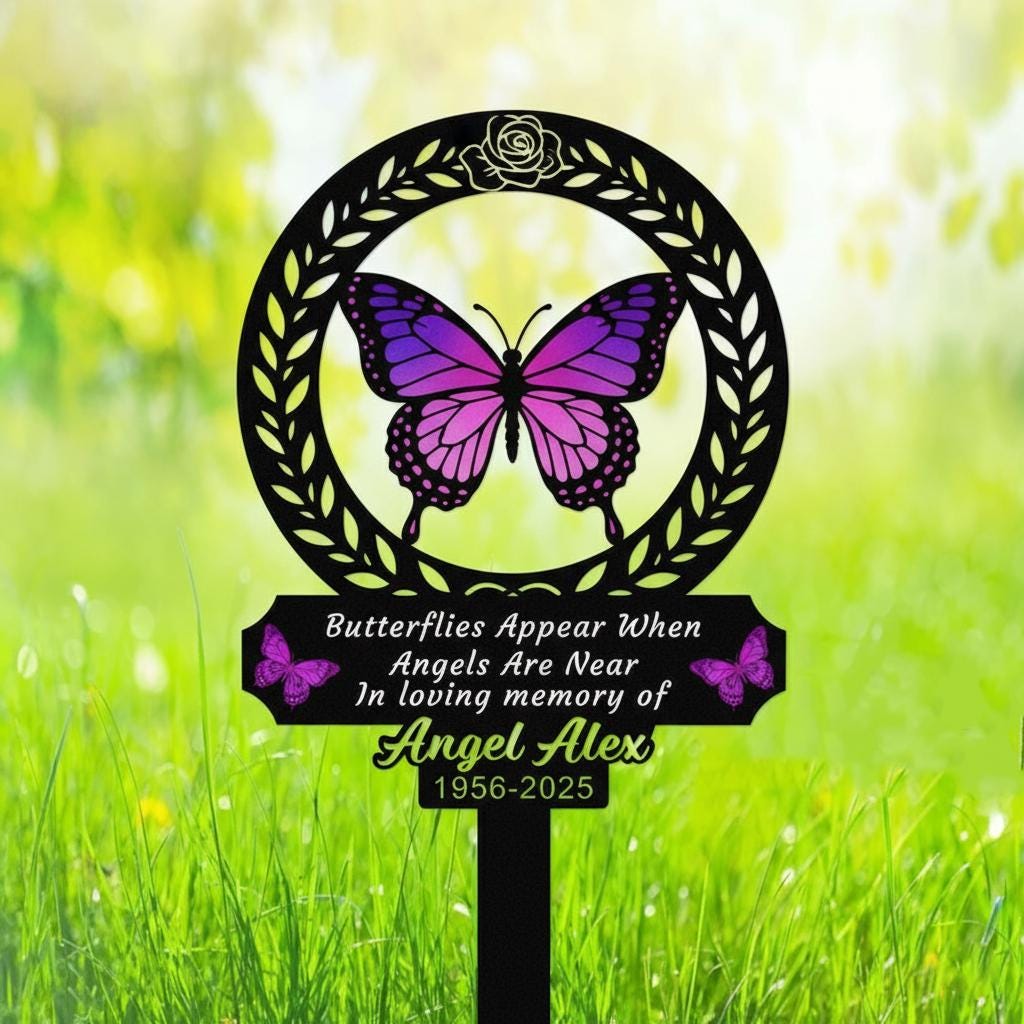 Personalized Butterfly Memorial Garden Sign, Custom In Loving Memory Metal Stake, Purple Butterfly Sympathy Plaque, Angel Remembrance Gift