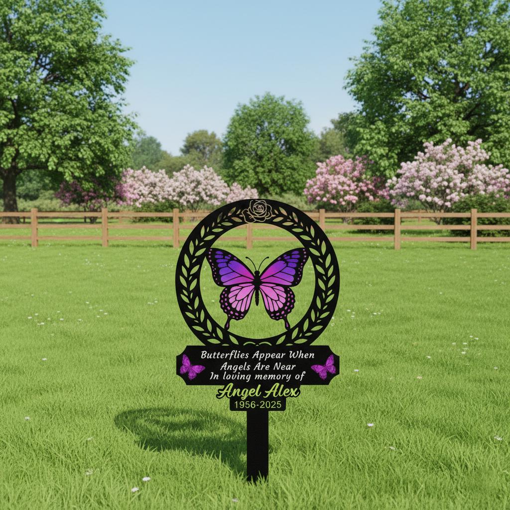 Personalized Butterfly Memorial Garden Sign, Custom In Loving Memory Metal Stake, Purple Butterfly Sympathy Plaque, Angel Remembrance Gift