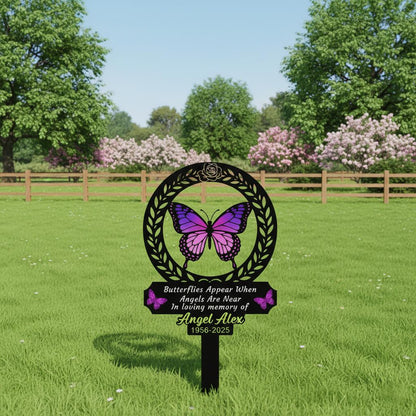 Personalized Butterfly Memorial Garden Sign, Custom In Loving Memory Metal Stake, Purple Butterfly Sympathy Plaque, Angel Remembrance Gift