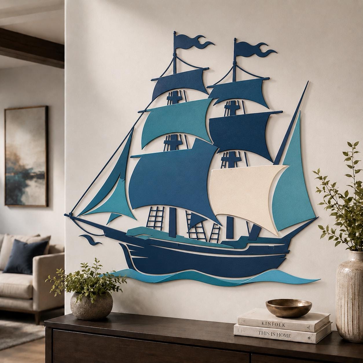 Sailboat Metal Wall Art Coastal Ocean Decor Nautical Wall Sculpture Blue Ship Wall Hanging Modern Beach House Wall Art Gift for Home Decor
