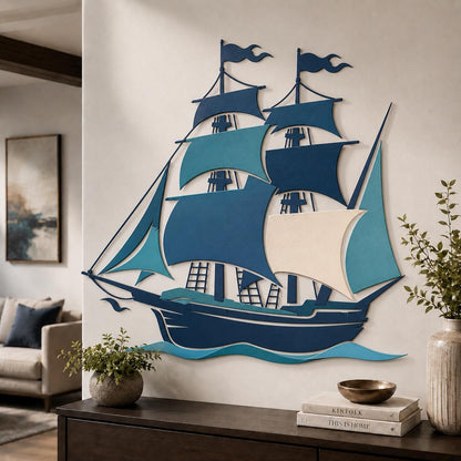 Sailboat Metal Wall Art Coastal Ocean Decor Nautical Wall Sculpture Blue Ship Wall Hanging Modern Beach House Wall Art Gift for Home Decor
