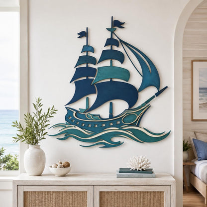 Sailboat Metal Wall Art Coastal Ocean Decor Nautical Wall Sculpture Blue Ship Wall Hanging Modern Beach House Wall Art Gift for Home Decor