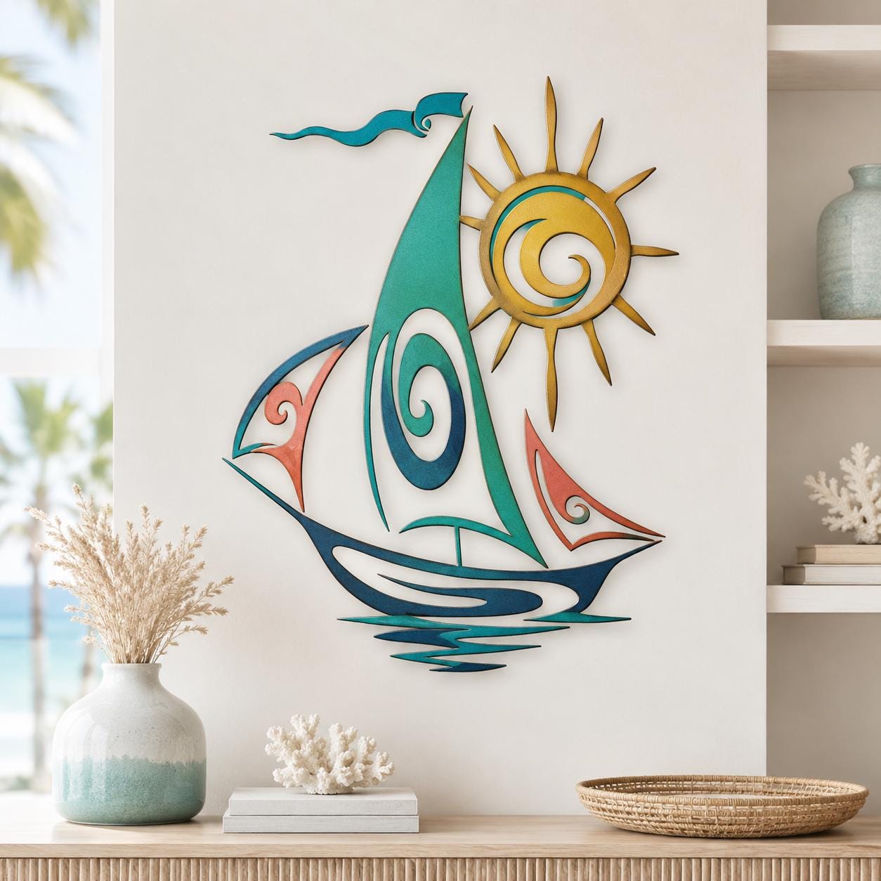Sailboat Metal Wall Art Coastal Ocean Decor Nautical Wall Sculpture Blue Ship Wall Hanging Modern Beach House Wall Art Gift for Home Decor