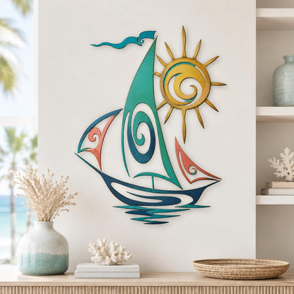 Sailboat Metal Wall Art Coastal Ocean Decor Nautical Wall Sculpture Blue Ship Wall Hanging Modern Beach House Wall Art Gift for Home Decor