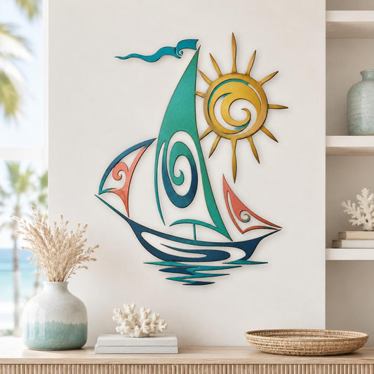 Sailboat Metal Wall Art Coastal Ocean Decor Nautical Wall Sculpture Blue Ship Wall Hanging Modern Beach House Wall Art Gift for Home Decor