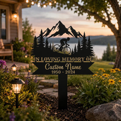 Personalized Cycling Memorial Garden Sign, Custom Mountain Bike Metal Stake, In Loving Memory Plaque, Sympathy Gift for Cyclist Loved One