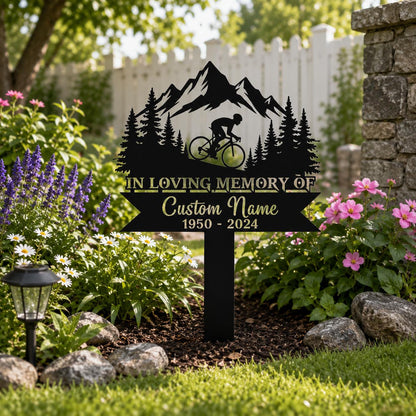 Personalized Cycling Memorial Garden Sign, Custom Mountain Bike Metal Stake, In Loving Memory Plaque, Sympathy Gift for Cyclist Loved One