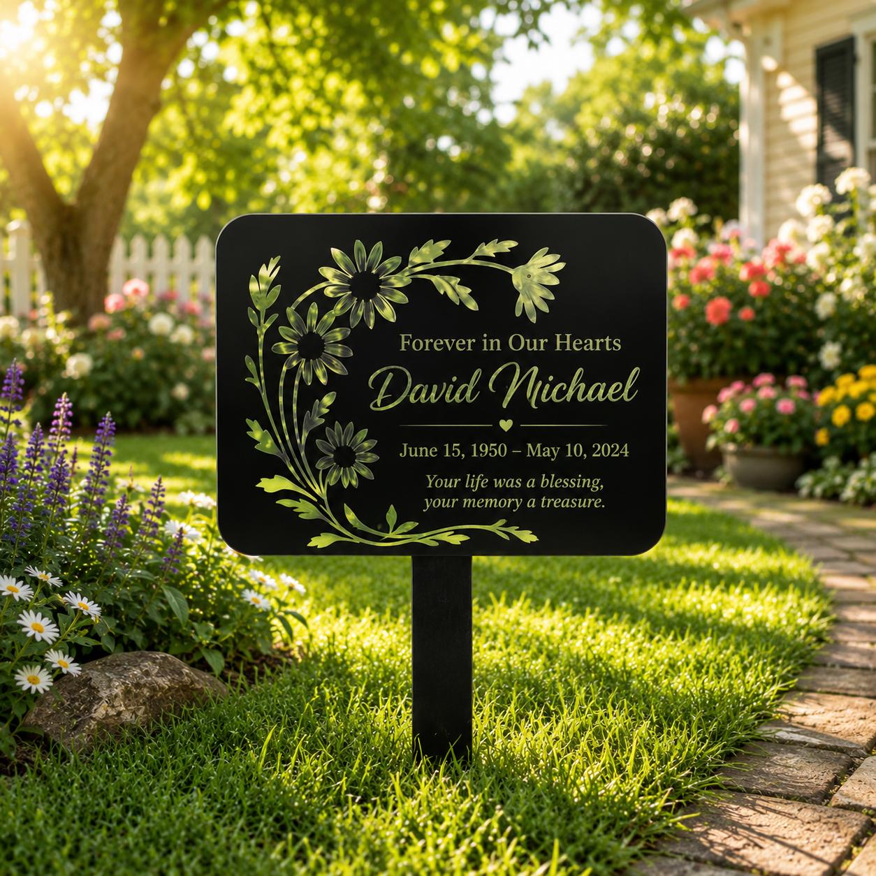 Personalized Memorial Garden Sign Custom Floral Metal Stake In Loving Memory Plaque, Sympathy Gift Graveside Remembrance Decor for Loved One
