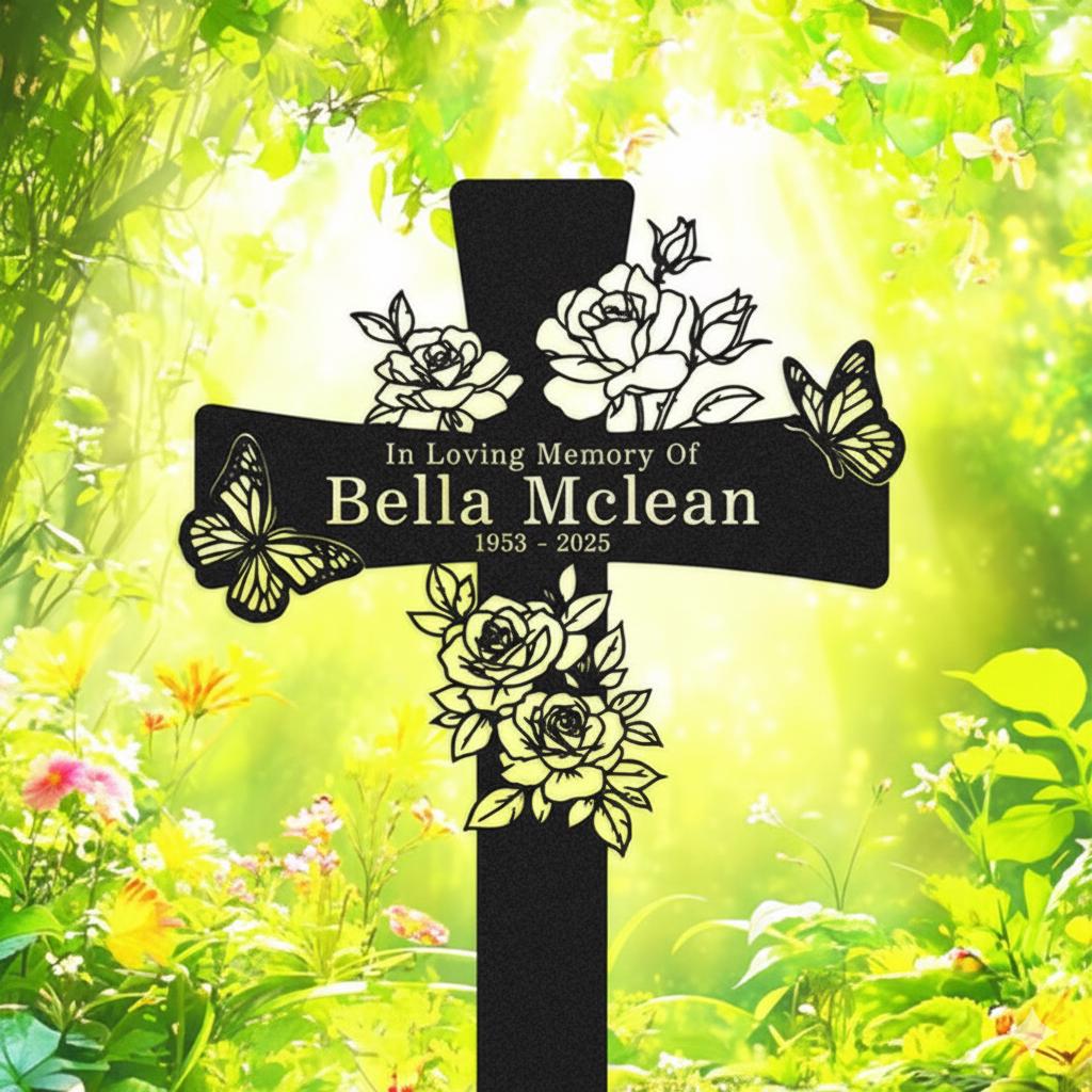 Personalized Rose Memorial Cross Sign, Custom Butterfly In Loving Memory Metal Stake, Floral Sympathy Plaque, Graveside Remembrance Gift