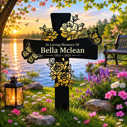 Personalized Rose Memorial Cross Sign, Custom Butterfly In Loving Memory Metal Stake, Floral Sympathy Plaque, Graveside Remembrance Gift
