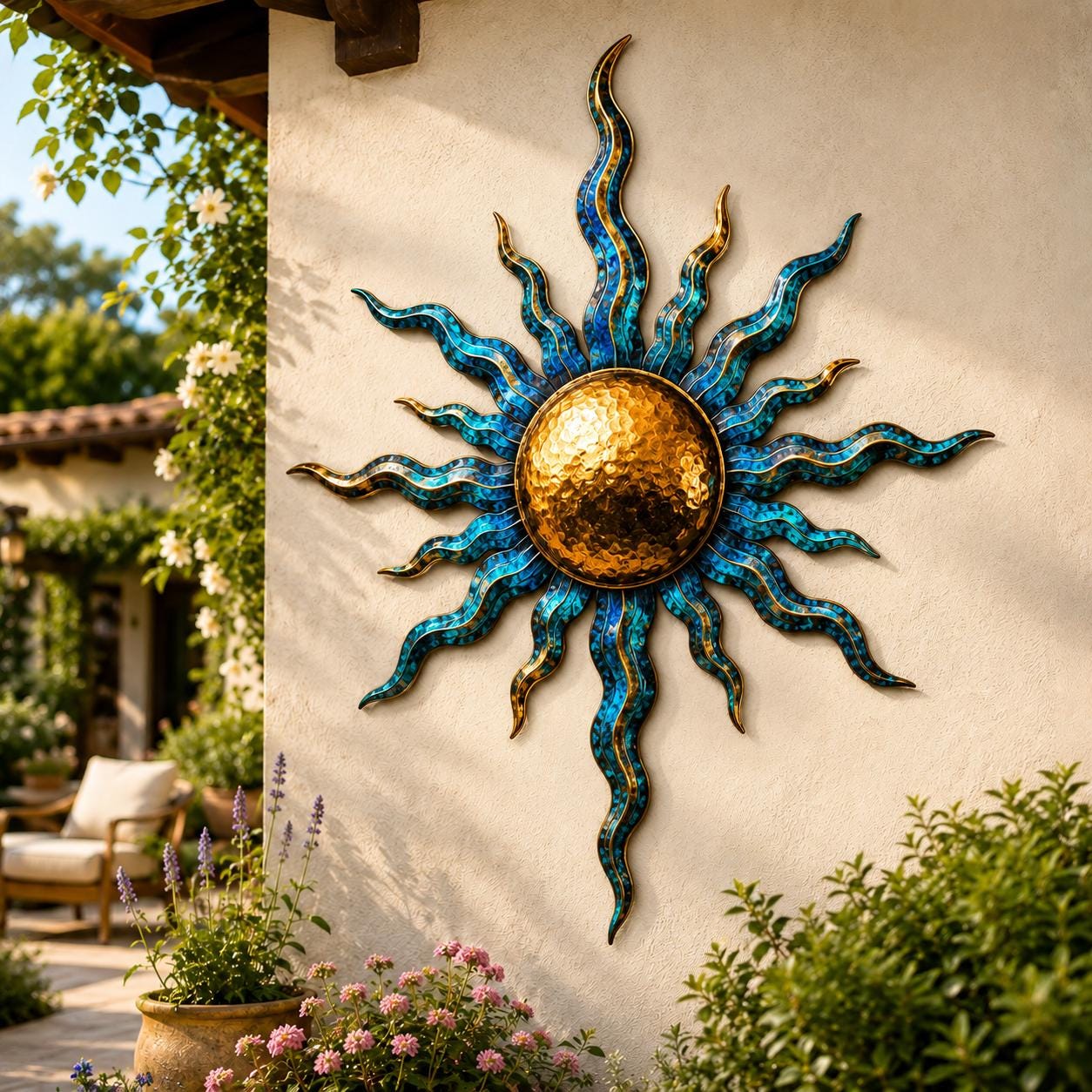 Sun Metal Wall Art Coastal Boho Solar Wall Decor Ocean Sun Sculpture Luxury Blue Gold Wall Hanging Modern Home Beach House Decor Gift