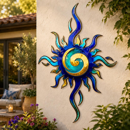 Sun Metal Wall Art Coastal Boho Solar Wall Decor Ocean Sun Sculpture Luxury Blue Gold Wall Hanging Modern Home Beach House Decor Gift