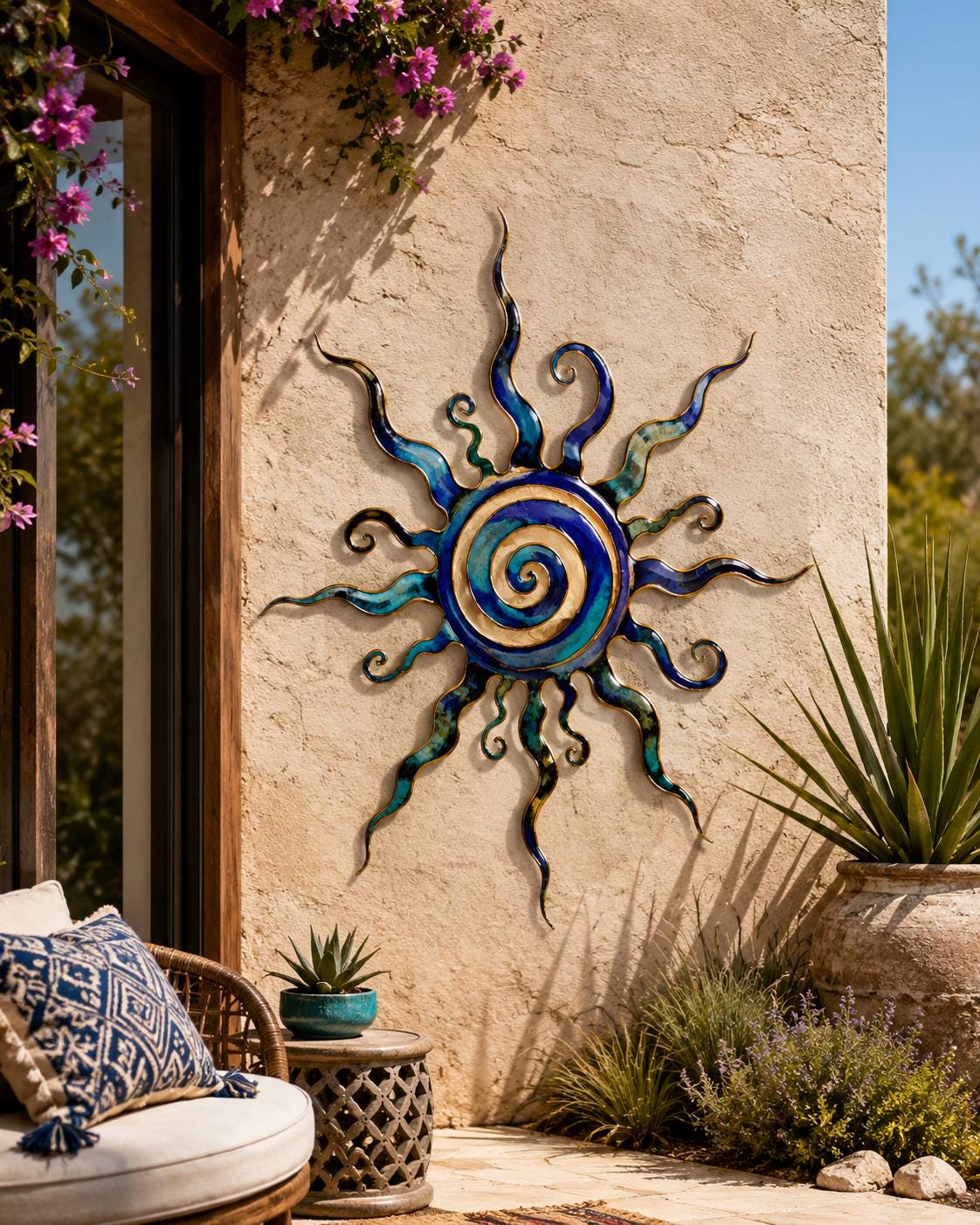 Sun Metal Wall Art Coastal Boho Solar Wall Decor Ocean Sun Sculpture Luxury Blue Gold Wall Hanging Modern Home Beach House Decor Gift