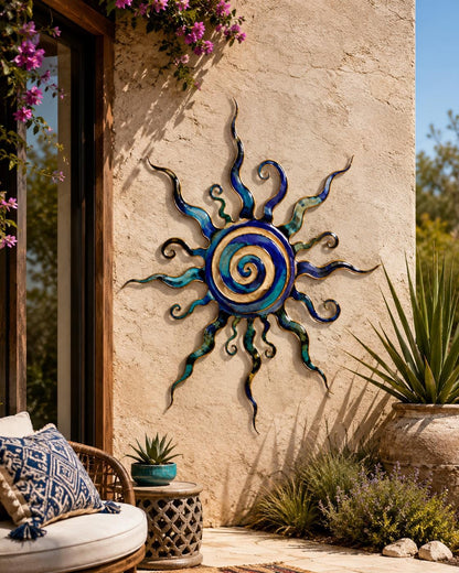 Sun Metal Wall Art Coastal Boho Solar Wall Decor Ocean Sun Sculpture Luxury Blue Gold Wall Hanging Modern Home Beach House Decor Gift