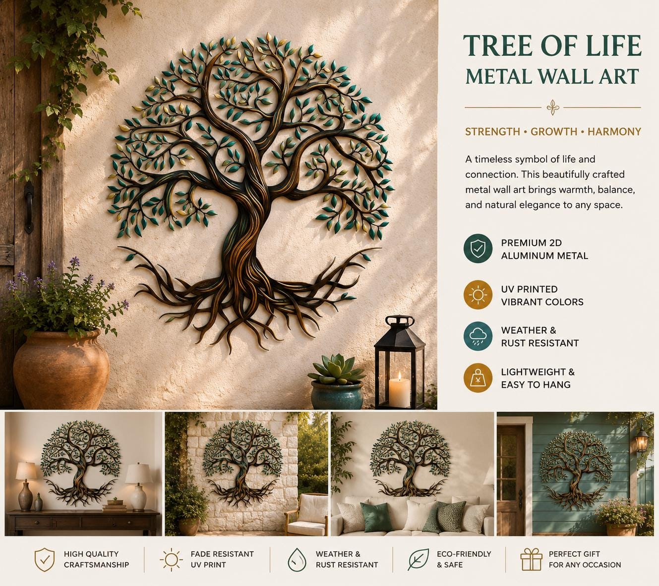 Tree Of Life Metal Wall Art Boho Sun Wall Decor Golden Spiritual Nature Sculpture Large Outdoor Indoor Wall Hanging Gift For Home Garden