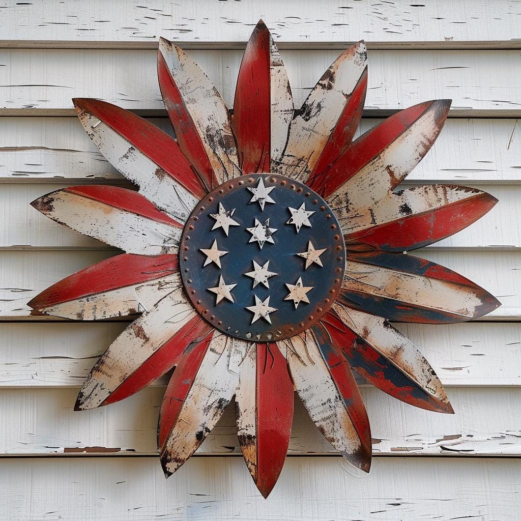 Patriotic Sunflower Metal Wall Art Rustic American Flag Decor Farmhouse Outdoor USA Flower Wall Hanging