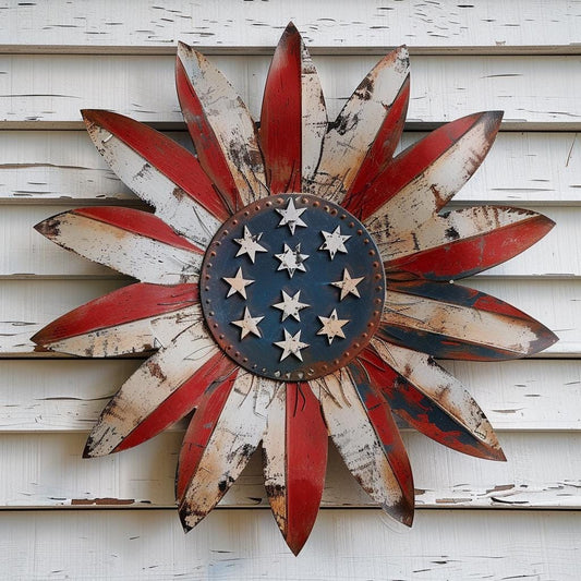 Patriotic Sunflower Metal Wall Art Rustic American Flag Decor Farmhouse Outdoor USA Flower Wall Hanging