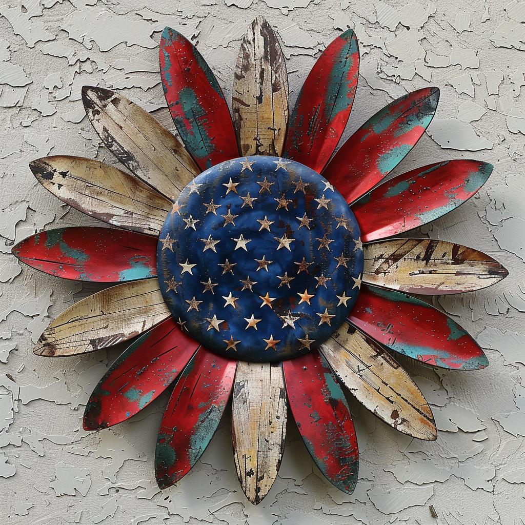 Patriotic Sunflower Metal Wall Art Rustic American Flag Decor Farmhouse Outdoor USA Flower Wall Hanging